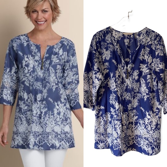 Soft Surroundings Tops - Soft Surroundings Tunic Top Blouse Pintuck Womens Large Blue Floral Embroidered